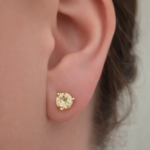 Gold-toned stud earring with a round faceted gemstone on the earlobe