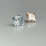 fancy colour lab grown diamonds in pale blue with radiant cut and champagne in princess cut