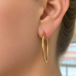 Close-up of a woman's ear wearing a large gold hoop earring in the earlobe area.