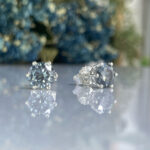 Pair of round-cut diamond stud earrings on a reflective surface with a blurred blue-green background.
