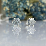Pair of round-cut diamond stud earrings in a six-prong setting on a reflective surface with a blurred blue floral background