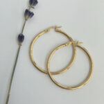 Gold hoop earrings with hinged clasps, two interlocking hoops on a pale background next to a lavender sprig