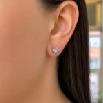 Close-up of a woman's ear wearing a round diamond stud earring in a four-prong setting.