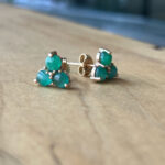 Gold-setting teal gemstone cluster stud earrings resting on a wooden surface.