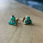 Gold stud earrings with a cluster of teal blue stones on a light wooden surface, gold prongs visible around the stones.