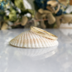 Two gold wedding bands resting on a white scallop shell with a blurred natural background, reflection on the surface.
