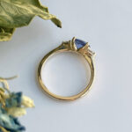 Gold ring with a blue gemstone in a decorative prong setting, photographed on a pale surface with dried leaves nearby.
