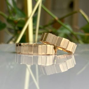 Close-up of a silver segmented bracelet resting on a reflective surface with blurred green plants in the background.