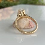 Gold engagement ring with a diamond sits atop a pink-toned scallop shell on a white surface, viewed from the side edge of the shell.