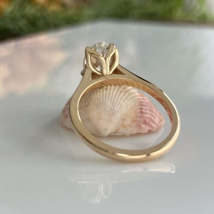Gold engagement ring with a diamond sits atop a pink-toned scallop shell on a white surface, viewed from the side edge of the shell.