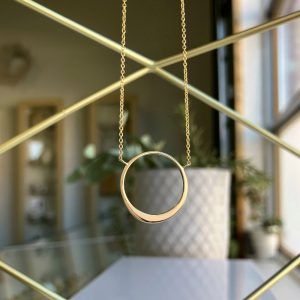 Gold circular pendant necklace suspended from a delicate chain, centered against a softly blurred indoor background with plants.